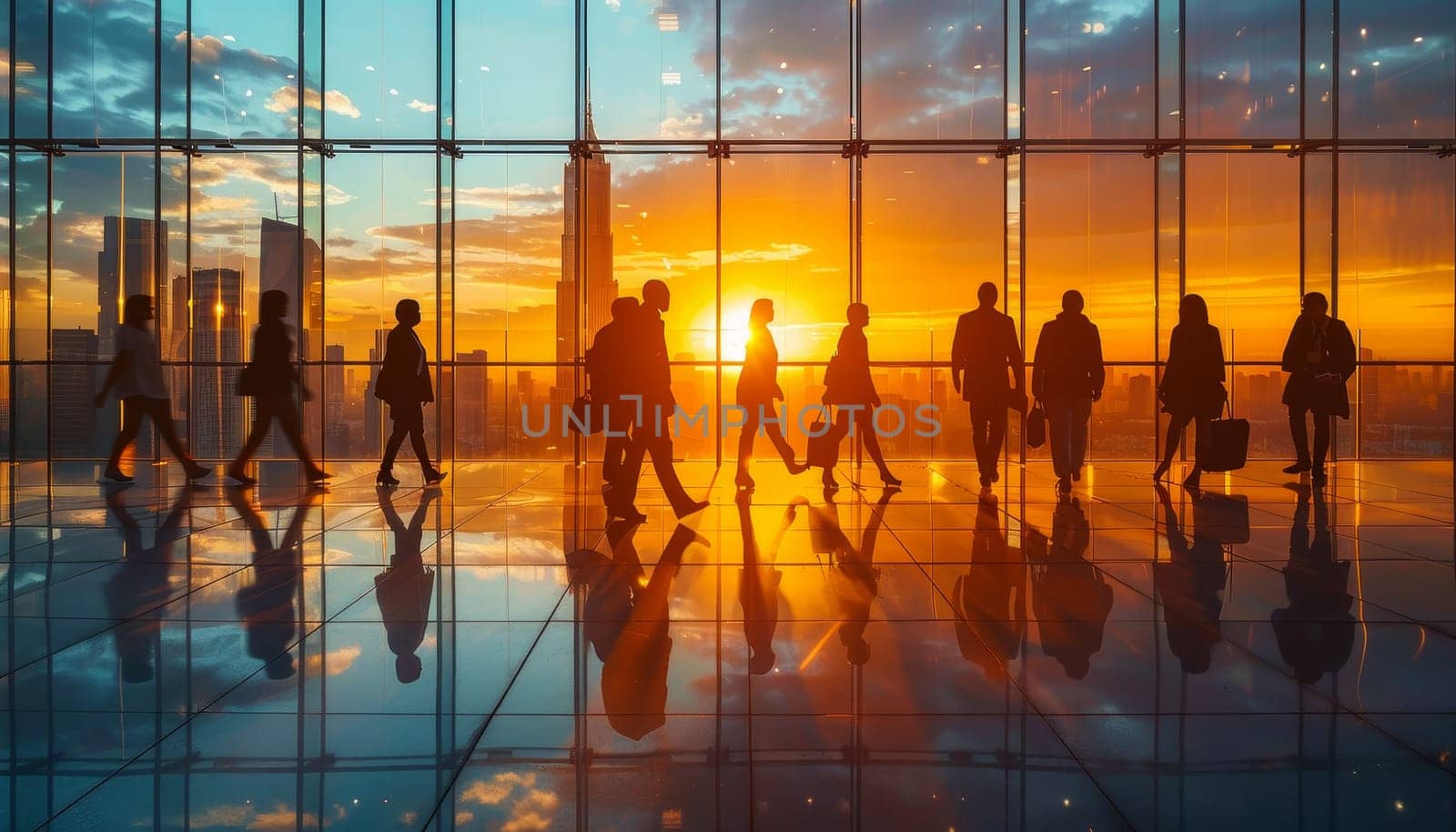A group of people walking in a large building with a sunset in the background by AI generated image.