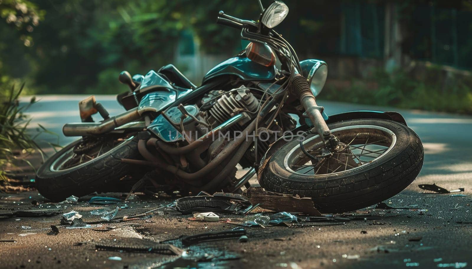 A motorcycle is laying on the road next to a car by AI generated image by wichayada