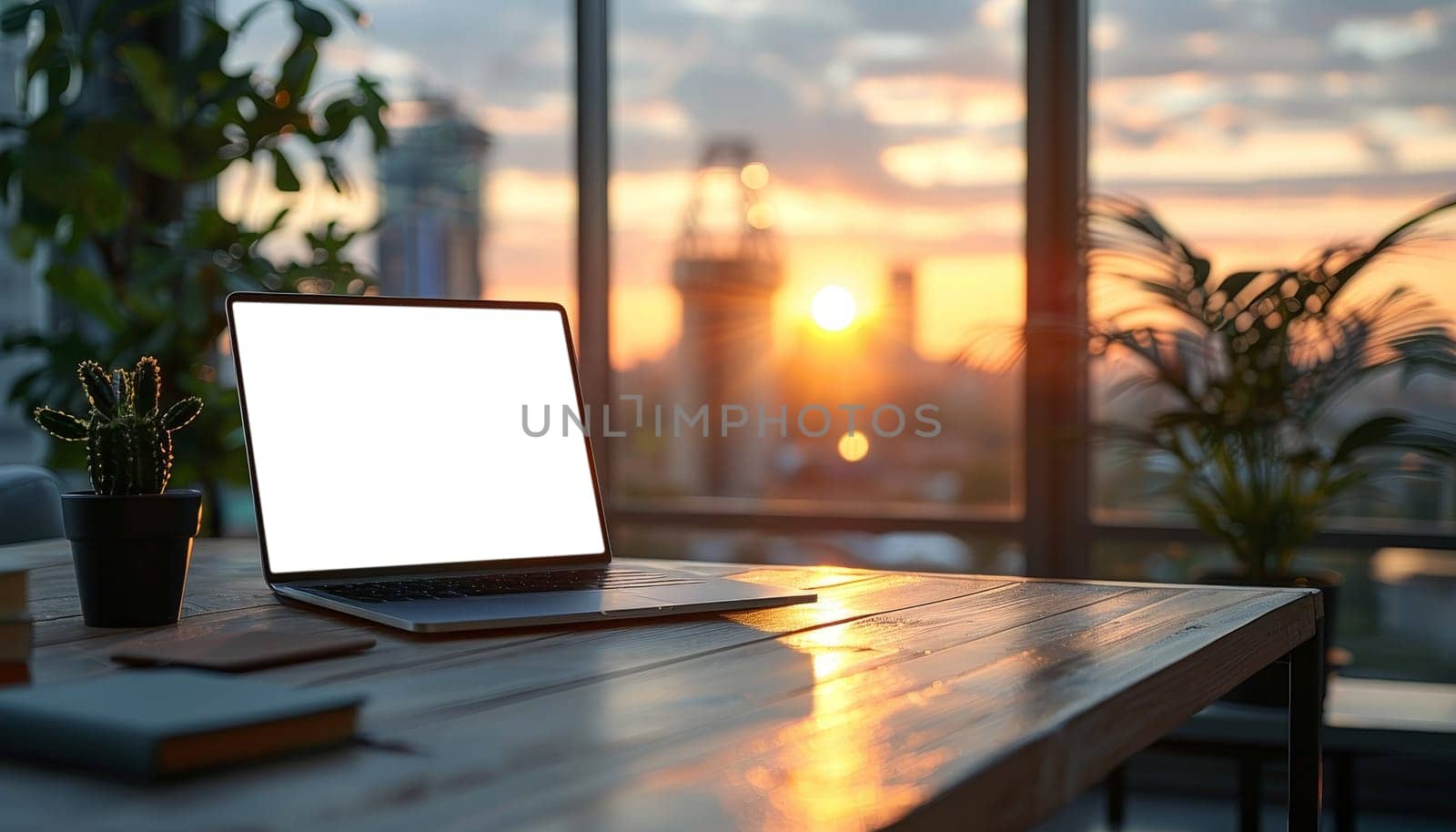 A laptop is open on a desk with a view of the city skyline by AI generated image.