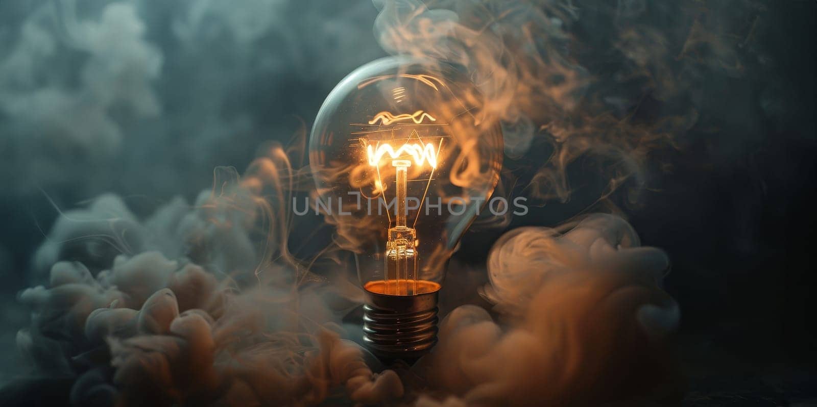 A light bulb is lit up in a room with smoke by AI generated image.