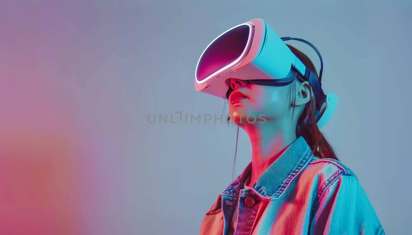 A woman wearing a virtual reality headset is looking at a colorful background by AI generated image.