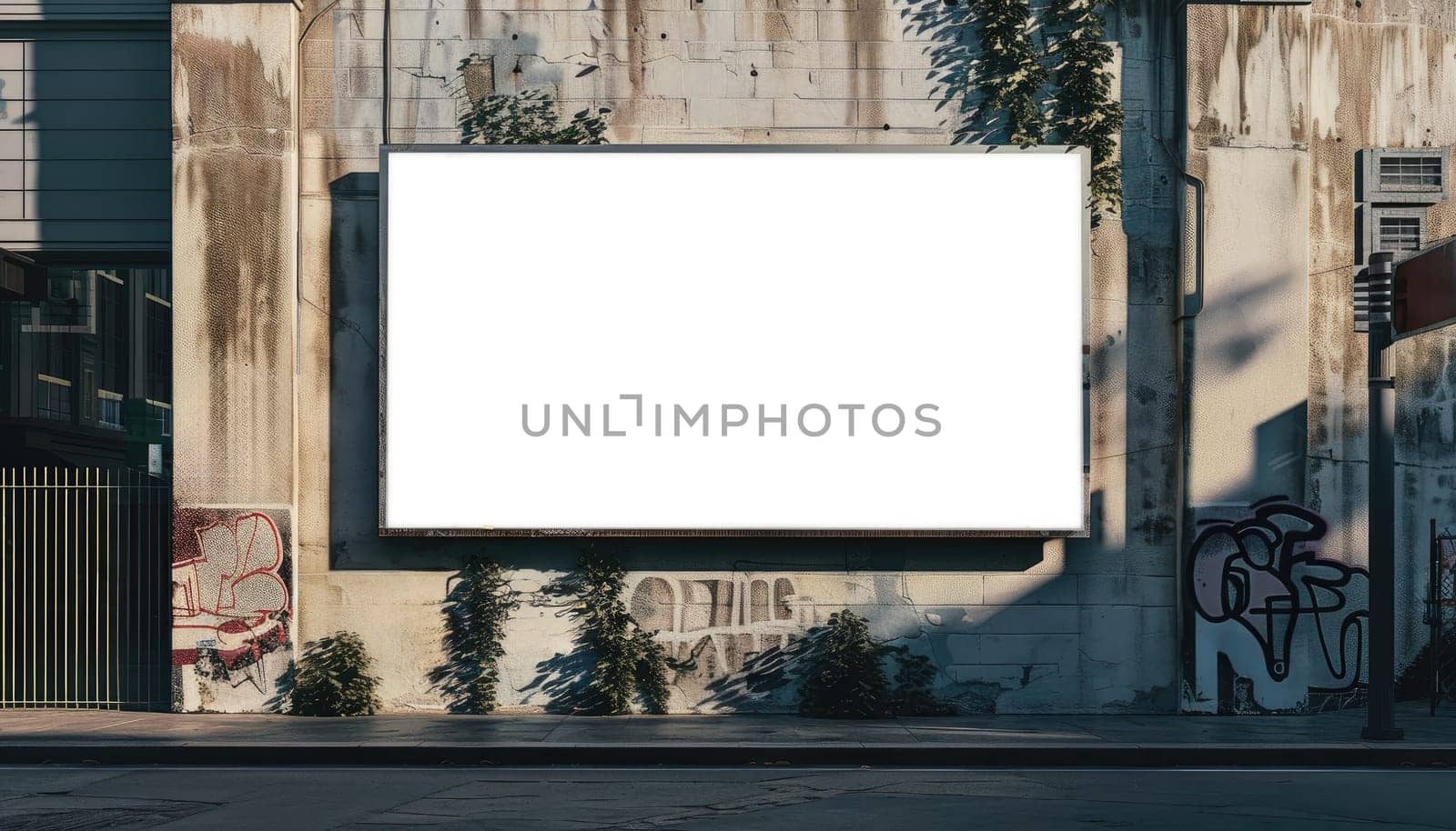 A large white billboard is in the middle of a city street by AI generated image.