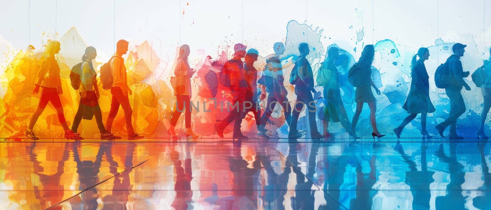 A group of people walking down a street with a rainbow background by AI generated image.