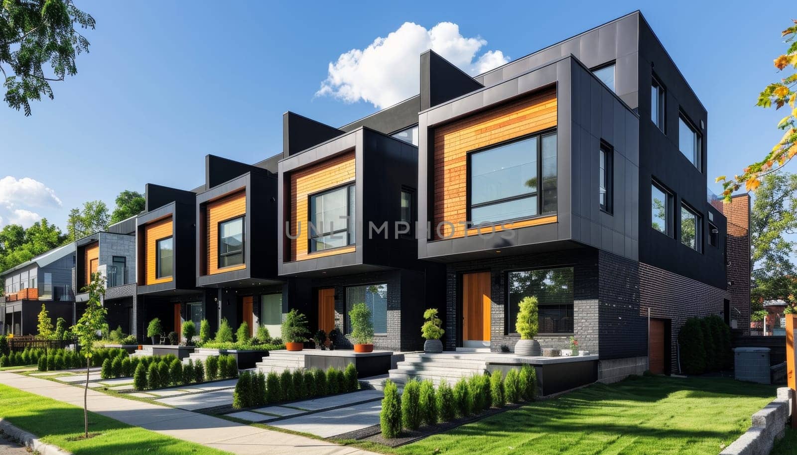 A large, modern house with a lot of glass windows and a black roof by AI generated image.