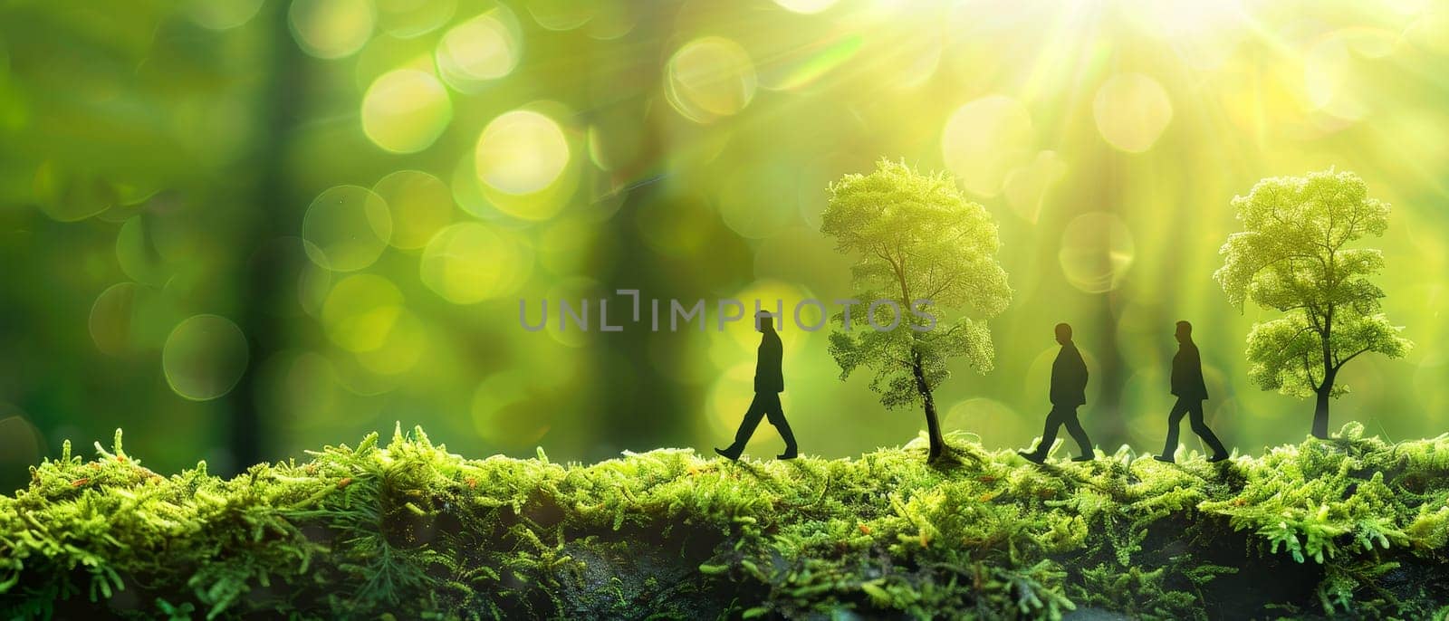 A group of people are walking in a field with a tree in the background by AI generated image by wichayada