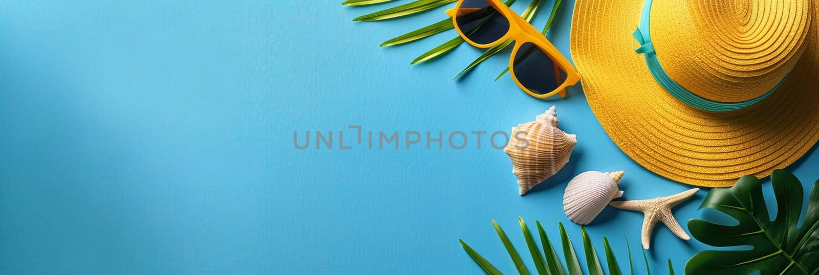 A blue background with a yellow hat, sunglasses, and shell on it by AI generated image by wichayada