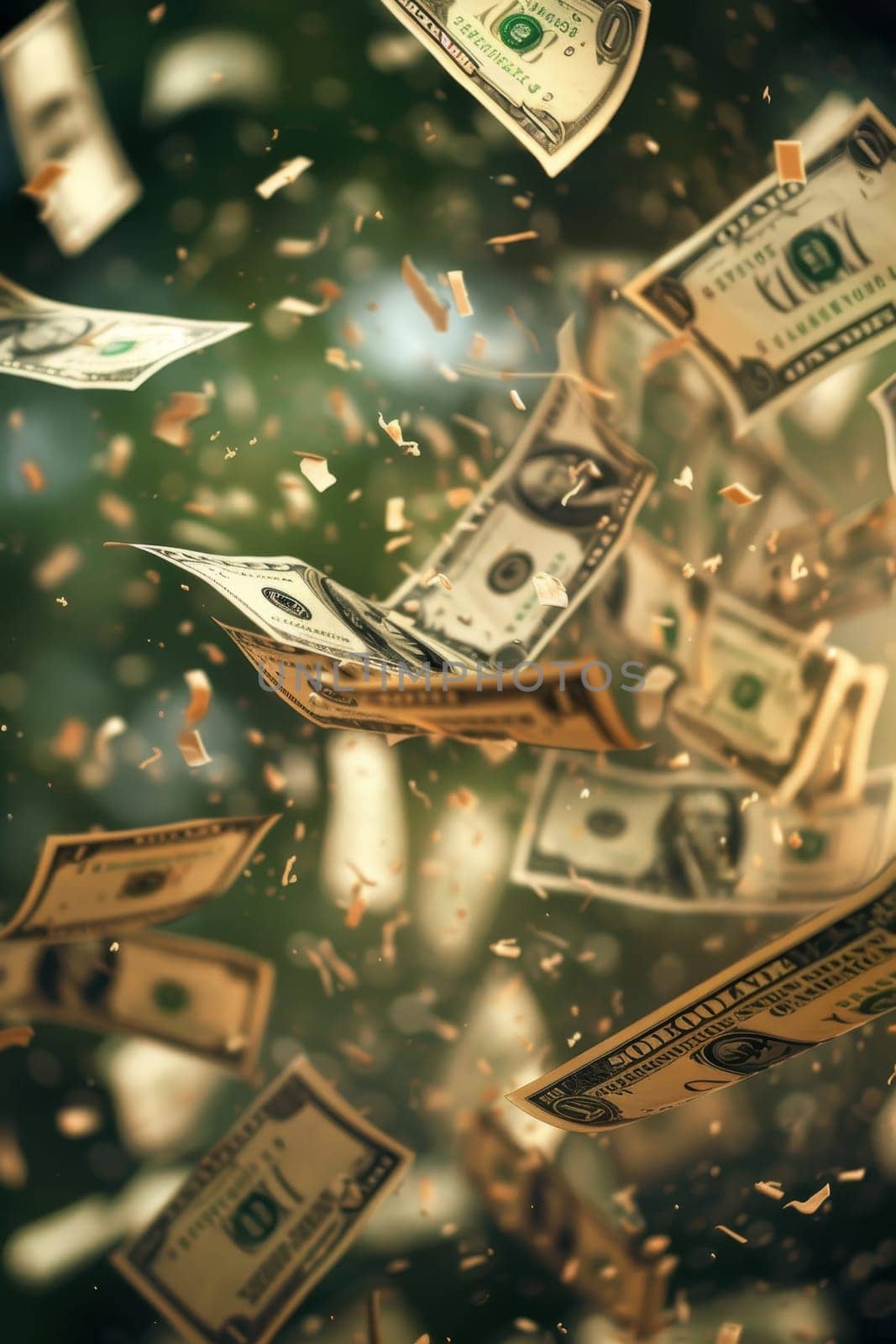 A bunch of money is flying through the air by AI generated image.