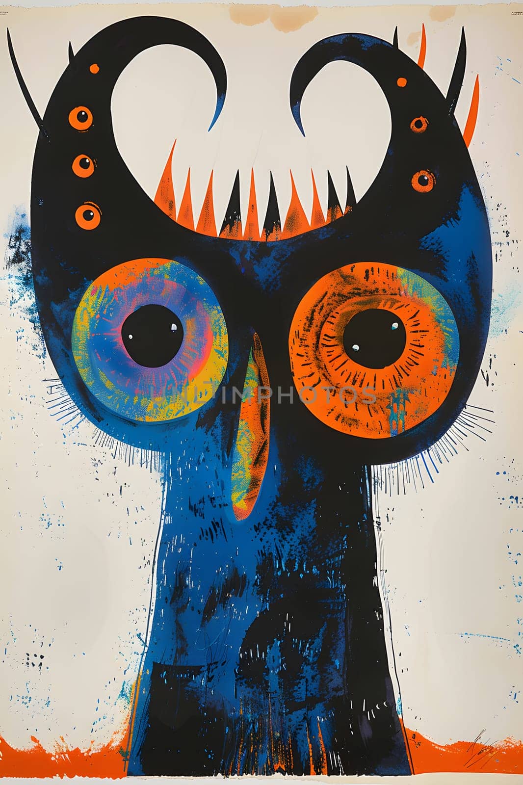 A creative art painting of an owllike blue monster with orange eyes and long eyelashes. The detailed illustration features a birdlike beak and vibrant colors
