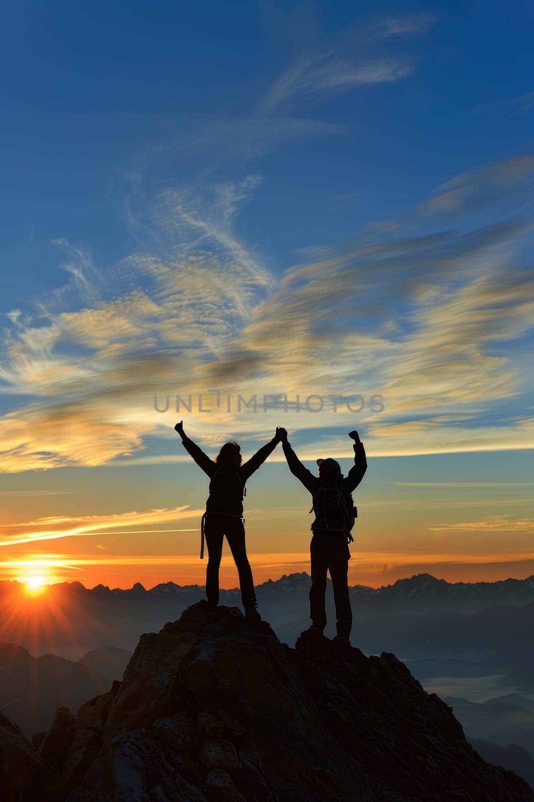 Two people are standing on a mountain peak, one of them is holding a camera by AI generated image by wichayada