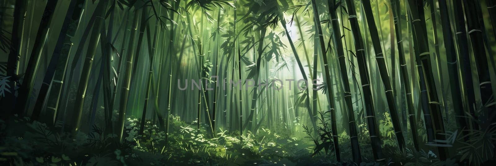 A lush green forest with tall trees and a bright sun shining through the leaves by AI generated image by wichayada