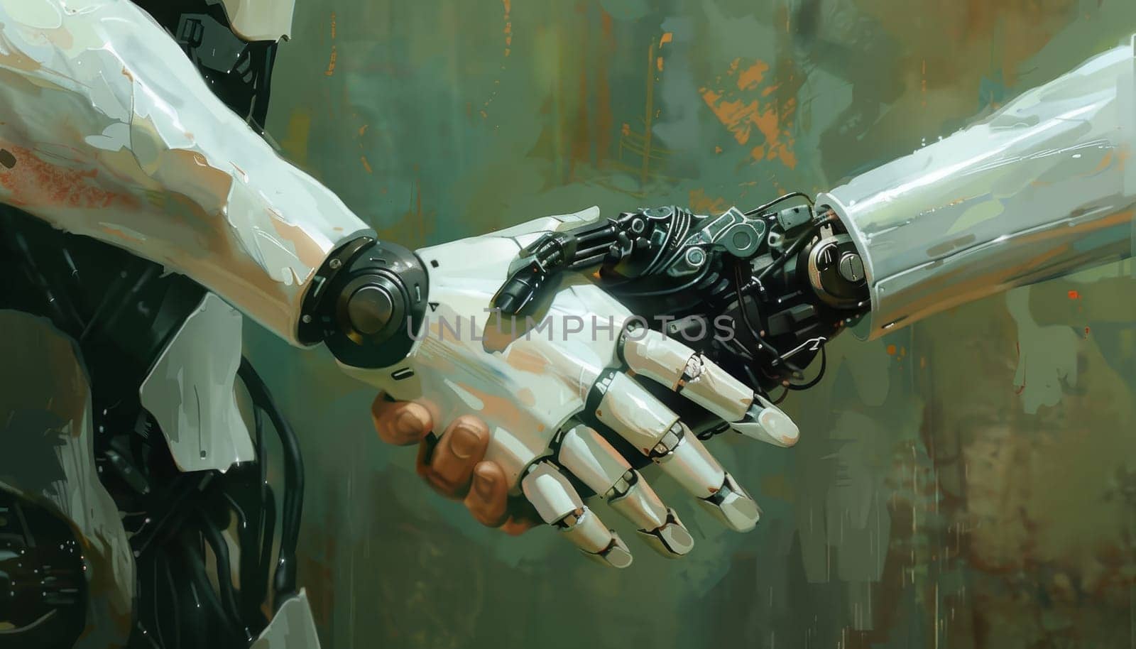 Two robot hands shaking hands by AI generated image.