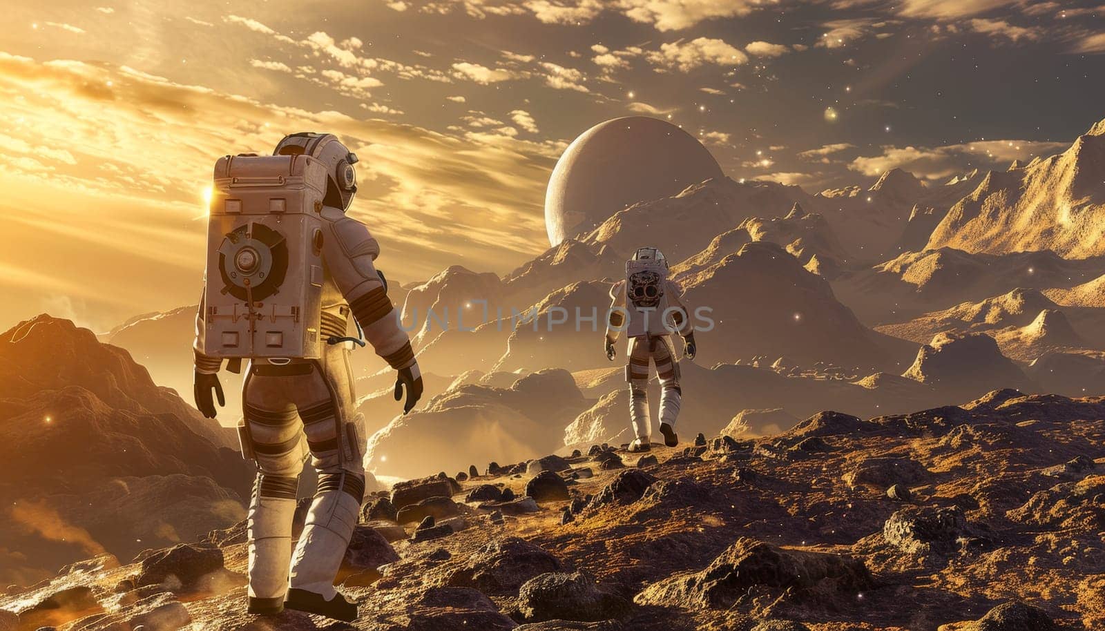 A group of astronauts are walking on a red planet by AI generated image.