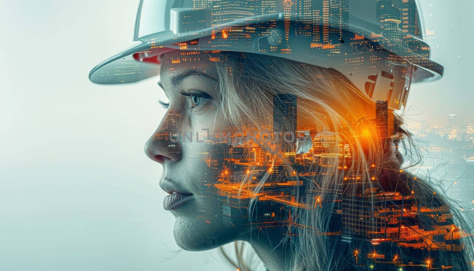 A woman wearing a hard hat is looking out over a city by AI generated image.