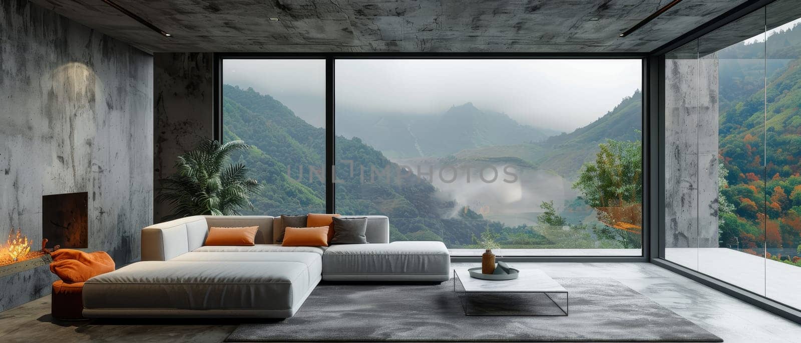 A living room with a fireplace and a large window overlooking a mountain by AI generated image by wichayada