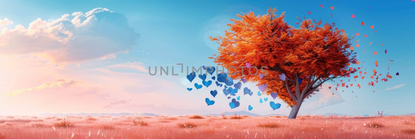 A tree with a heart on it is surrounded by pink flowers and butterflies by AI generated image.