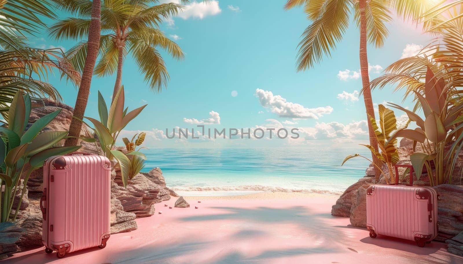 Two pink suitcases are on a beach, with palm trees in the background by AI generated image.