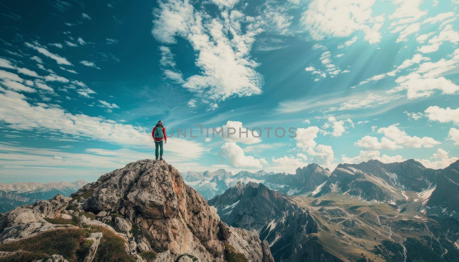 A person is standing on a mountain top, looking out at the beautiful landscape by AI generated image by wichayada