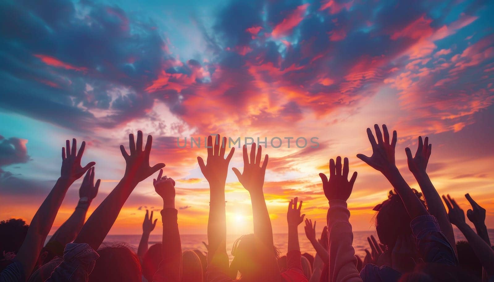 A group of people are standing in the air with their hands raised by AI generated image.