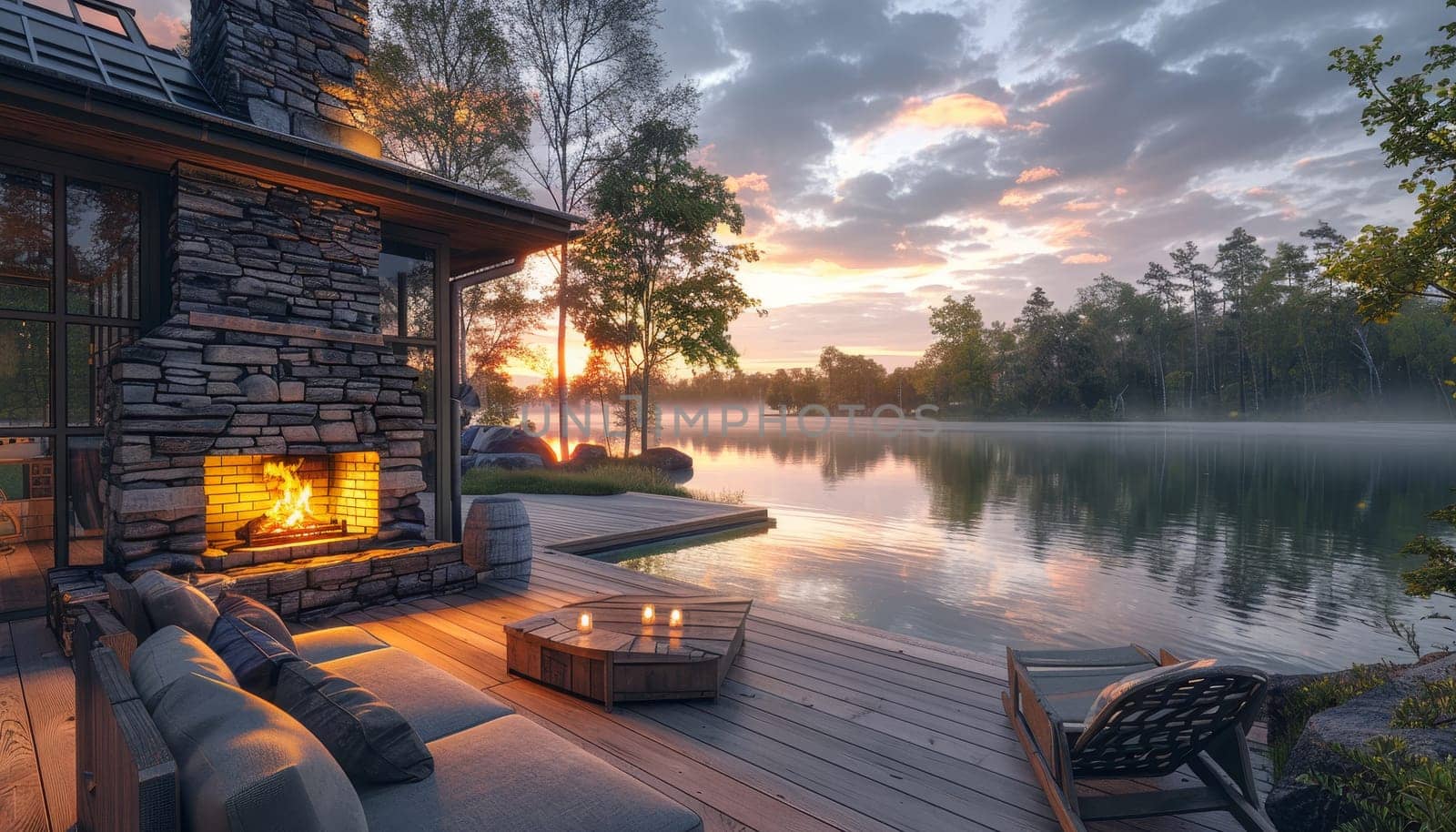 A cozy cabin with a fireplace and a lake in the background by AI generated image.