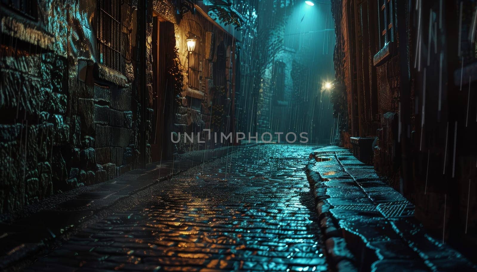 A dark alleyway with a wet cobblestone path by AI generated image.