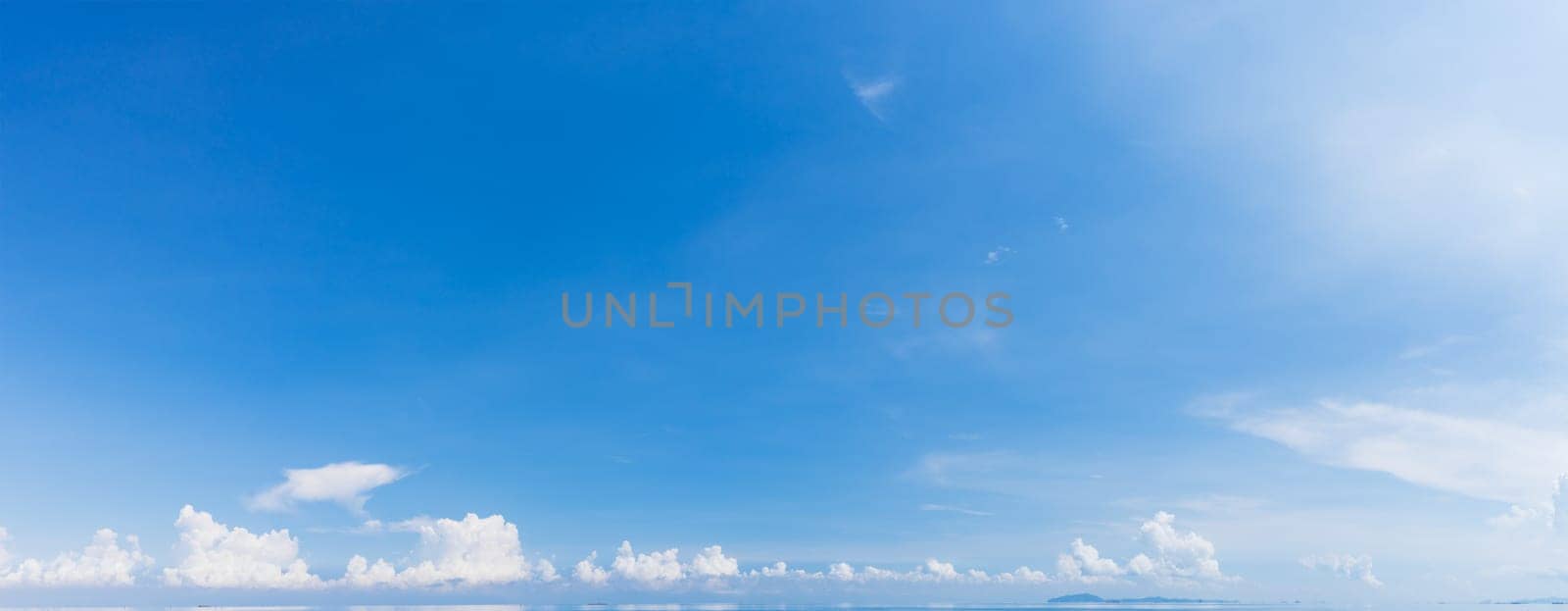 Panorama blue sky with white fluffy clouds,Mountains landscape, Beautiful Sunny day in countryside