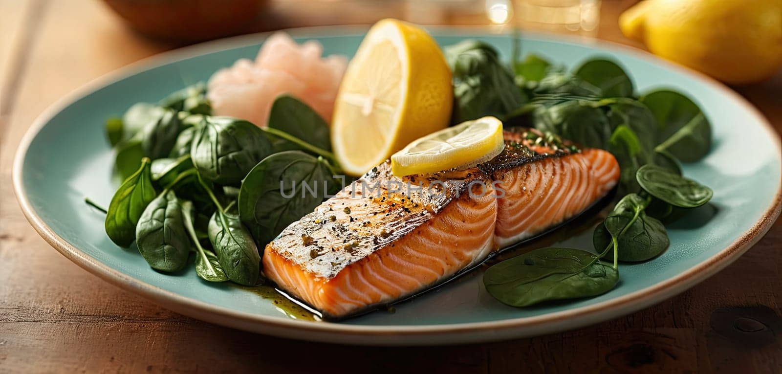 Salmon steak, spinach, lemon. Grilled salmon steak with grill marks, served with fresh spinach and lemon slices, steam rising