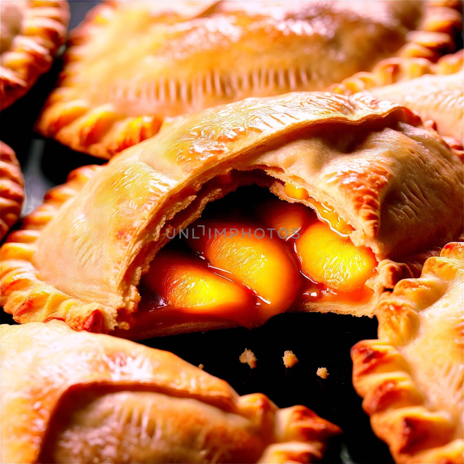 Peach hand pies golden folded crust peach slices peeking out Food and Culinary concept by panophotograph