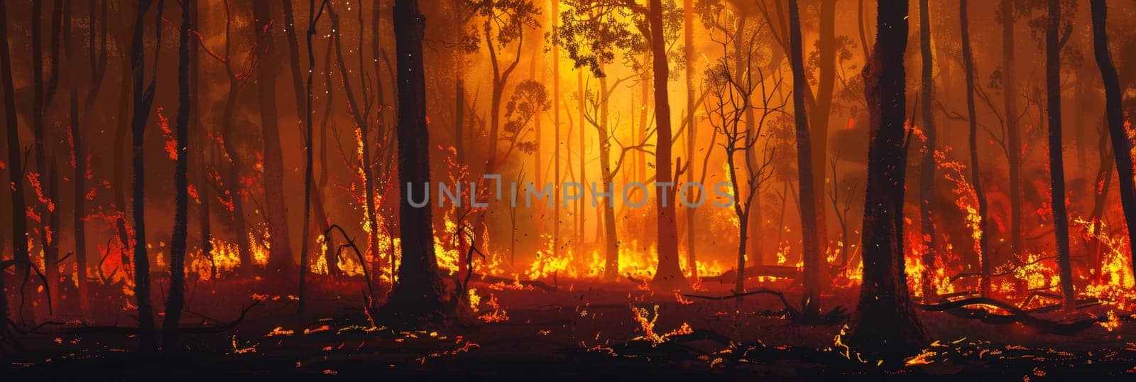 A forest fire is burning in the woods by AI generated image.