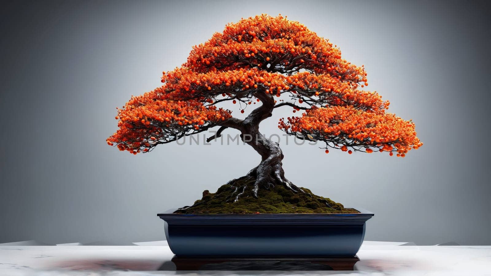 Hardy firethorn bonsai laden with orange berries sleek minimalist lines dramatic rim lighting product visual by panophotograph