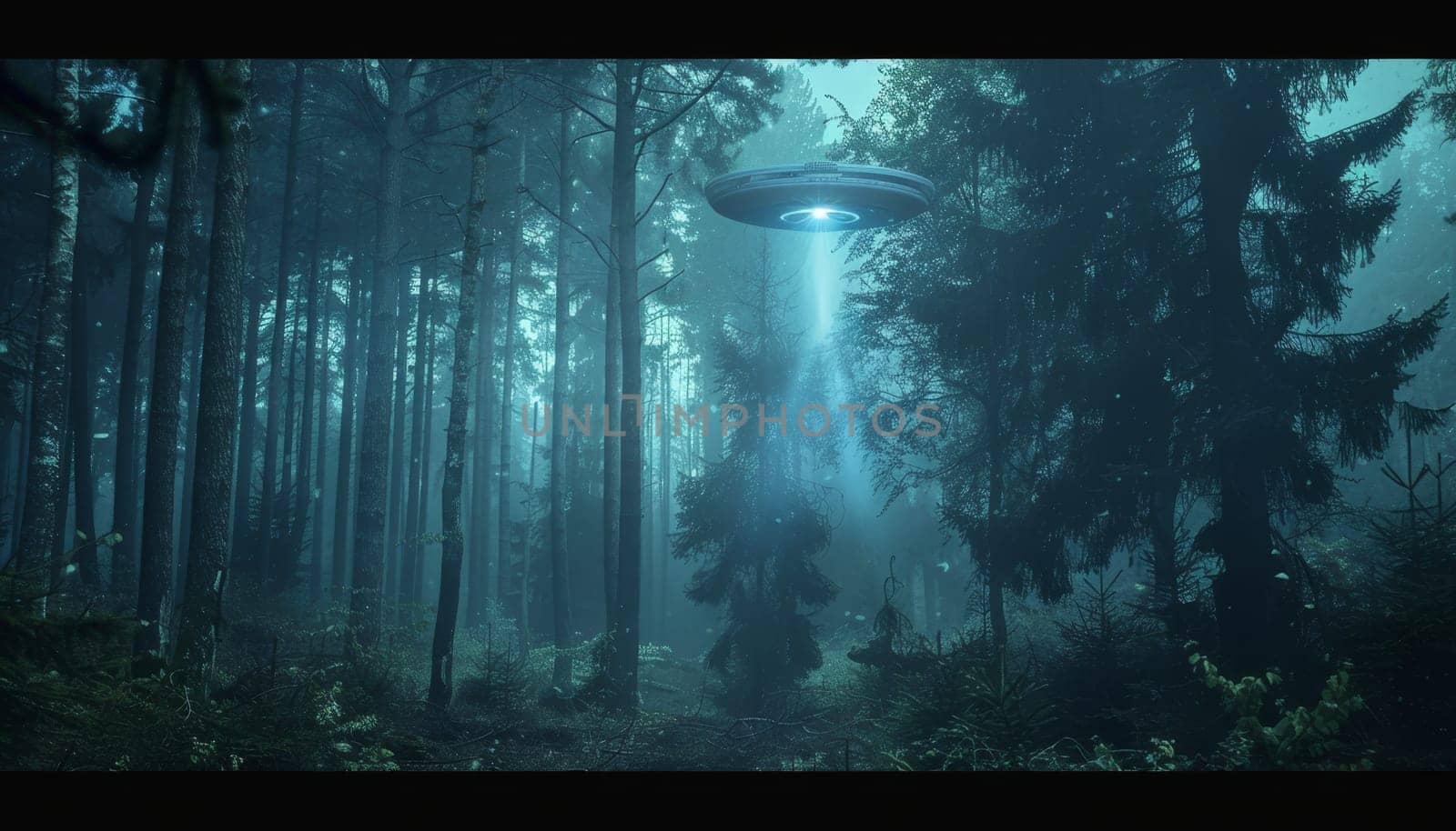 A large alien shaped object is hovering over a forest by AI generated image.