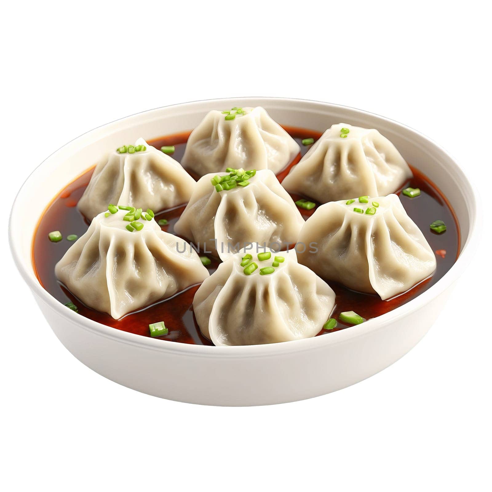Pork Dumplings with steamed dumplings dipping sauce and scallions in motion with steam rising and by panophotograph