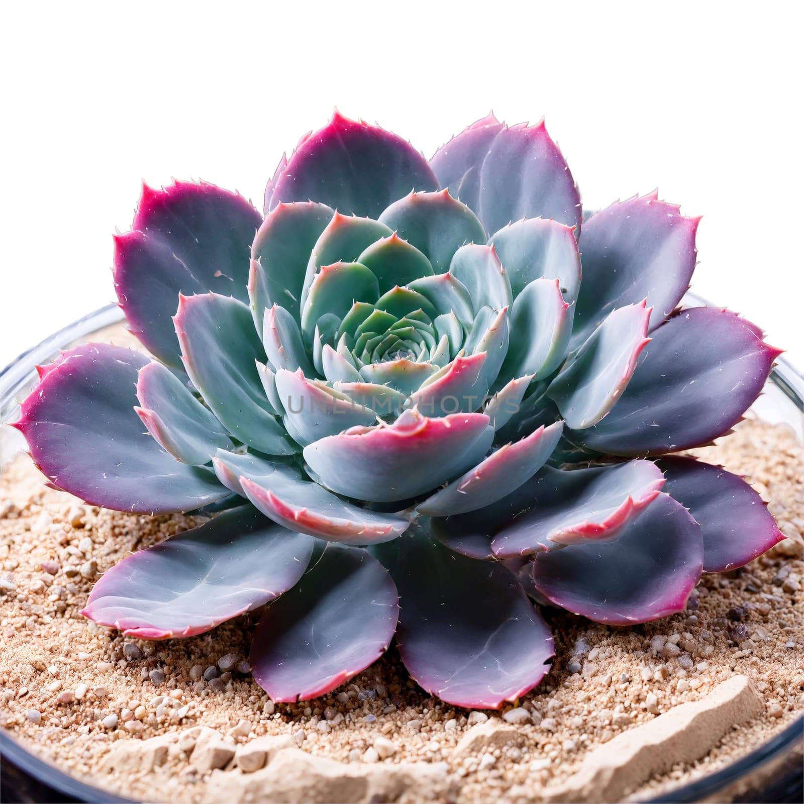 Echeveria Perle von Nurnberg rosette of pink and purple succulent leaves in a glass terrarium by panophotograph