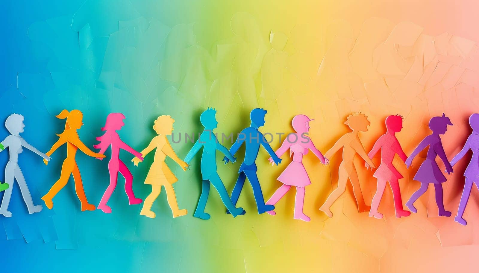 A group of people are walking in a rainbow line by AI generated image.