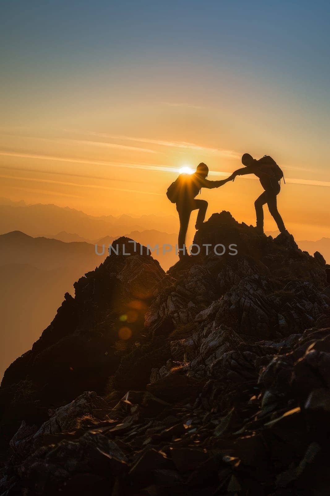 Two people are climbing a mountain together by AI generated image by wichayada