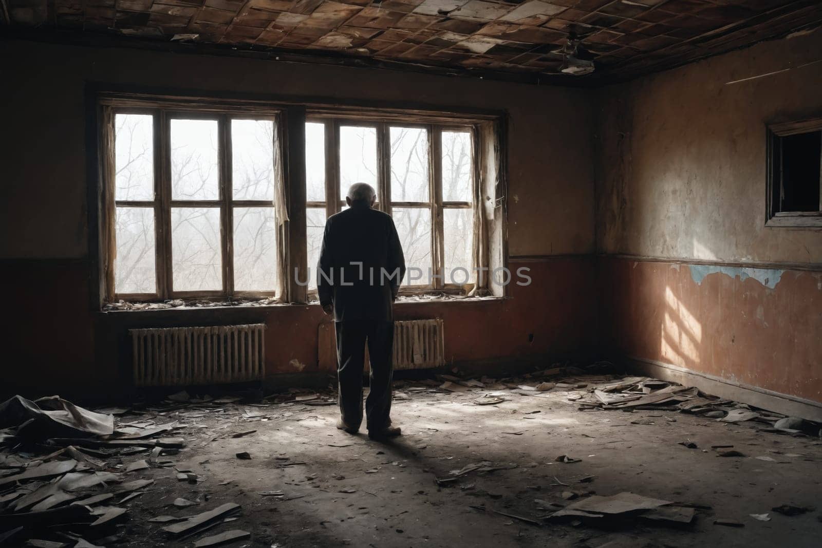 This atmospheric image depicts an individual in a dark coat, standing in a largely dilapidated room. The peeling paint, debris, and worn textures form a narrative of neglect and abandonment, starkly illuminated by the light from the large windows.