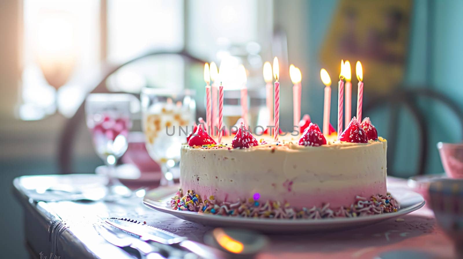 Birthday cake with candles and flowers on the table. Selective focus.