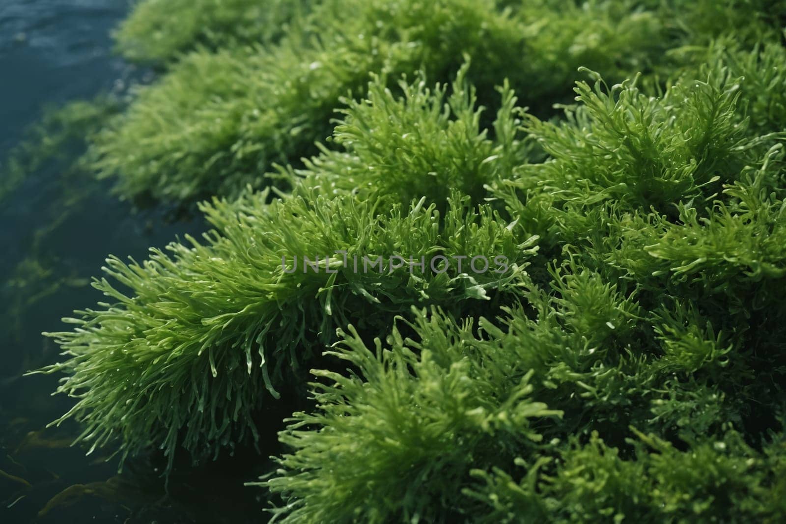 This image reveals a dense spread of rich green moss basking in sunlight. Close view allows the observer to note minute details, such as the tiny water droplets on the leaves, illuminating the vibrant hue and emphasizing the freshness and liveliness of the flora.