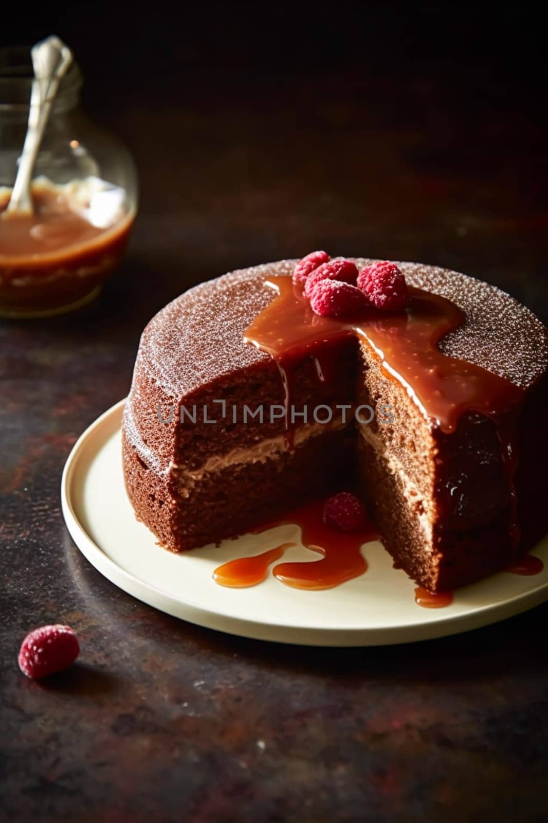 Food, bakery and holiday baking recipe, chocolate cake pudding with cocoa caramel sauce, generative ai by Anneleven