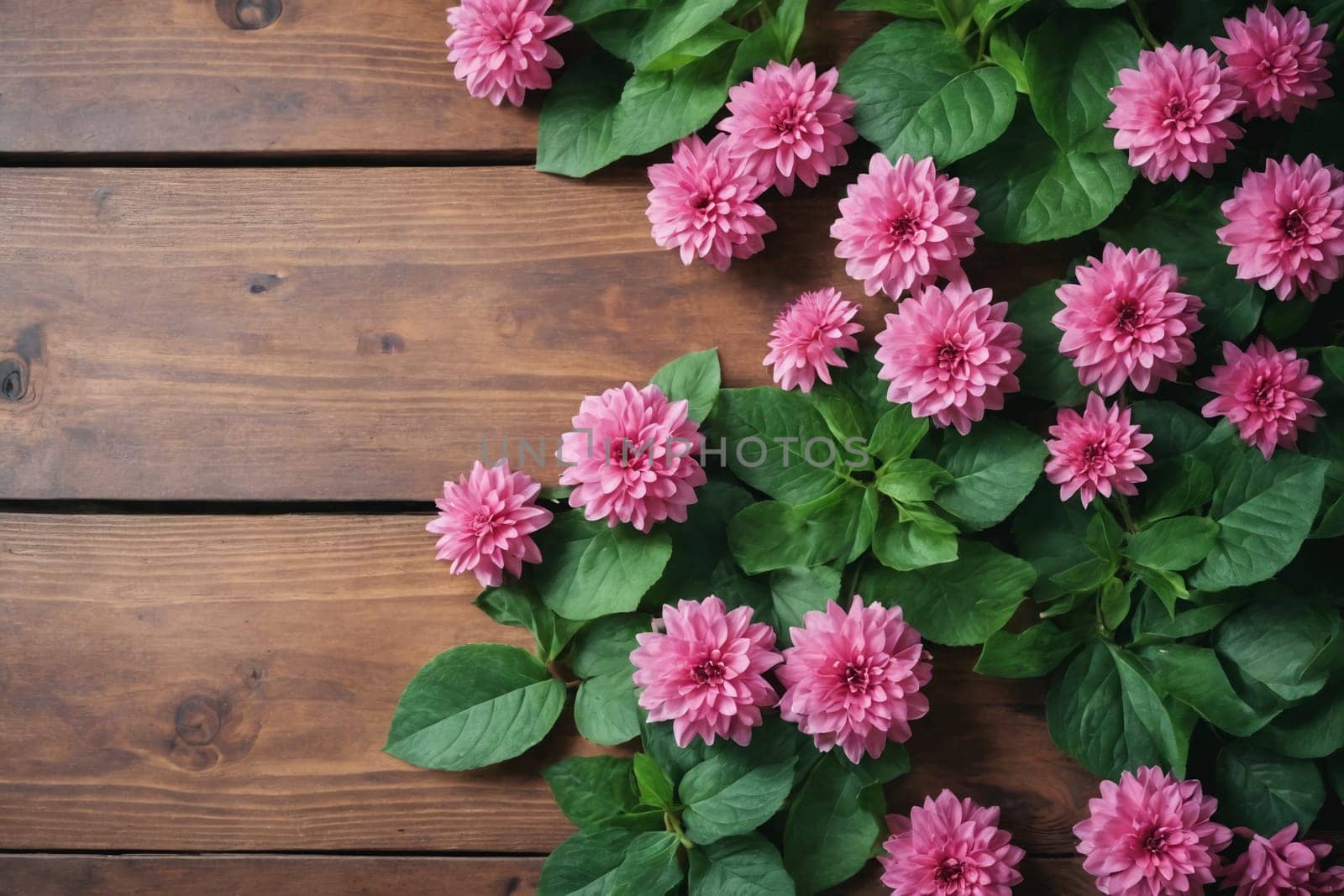 A fresh bouquet of pink flowers with lush greenery rests atop a textured wooden table, exuding rustic elegance.