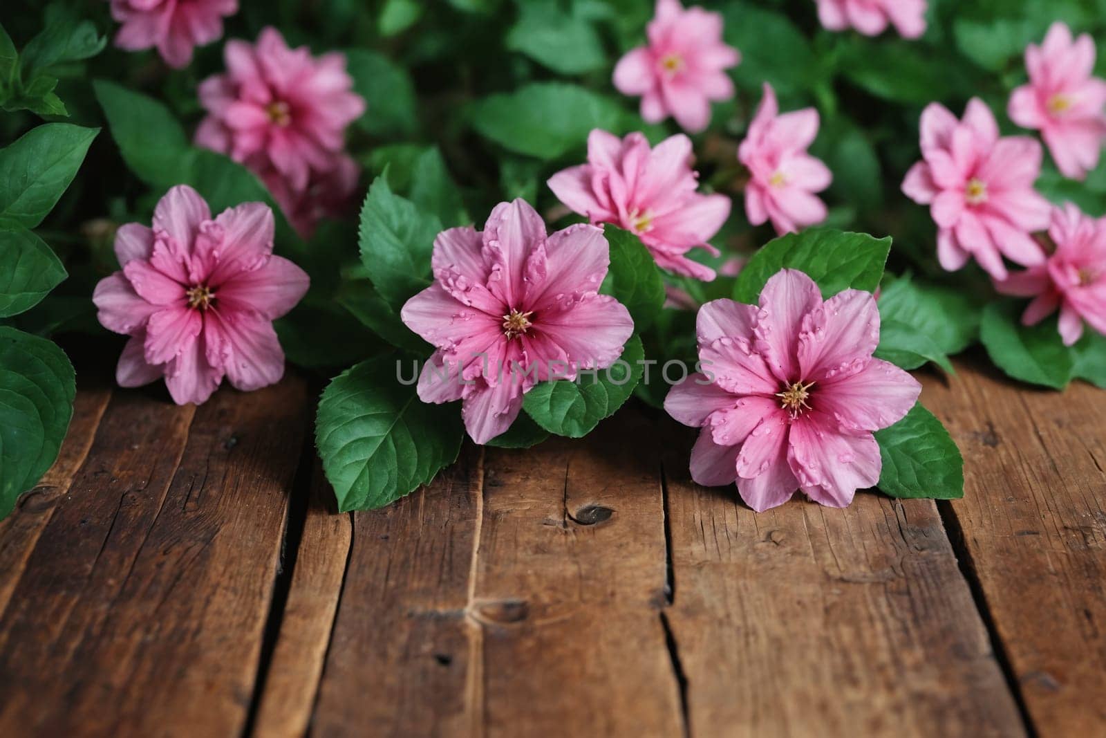 Natural Beauty: Pink Blooms and Green Foliage Over Knotted Wood by Andre1ns