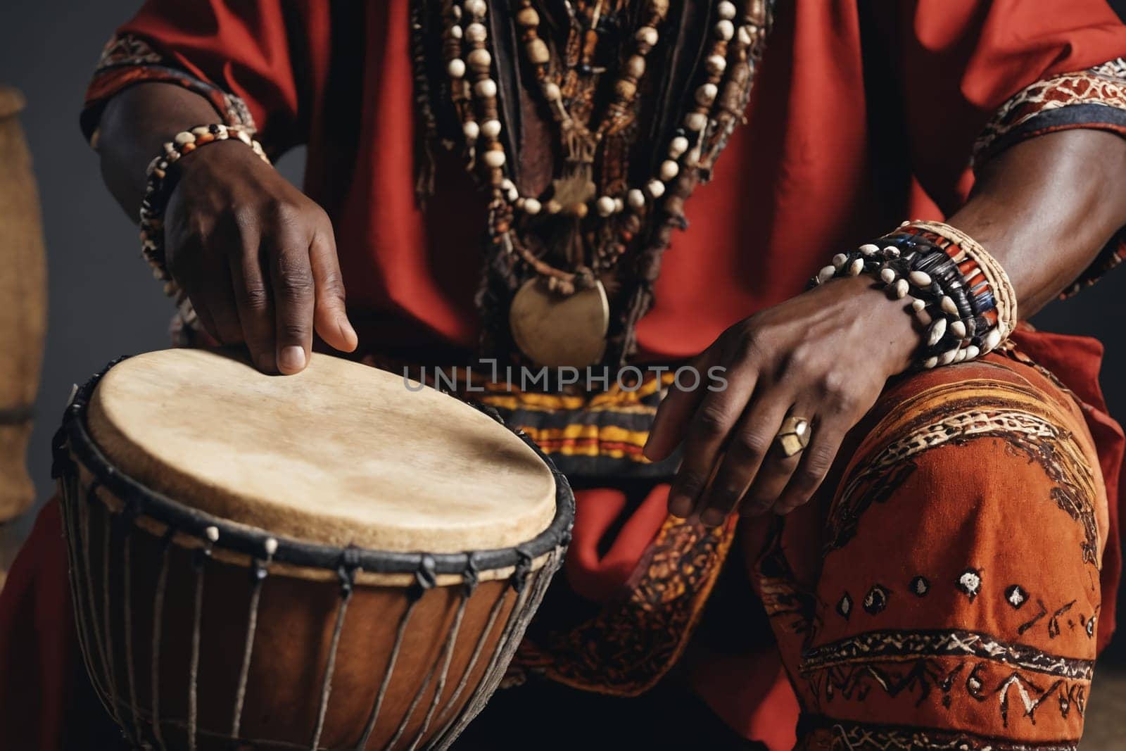Traditional African drumming hands, djembe and tribal jewelry highlighted by an earth-tone aura.