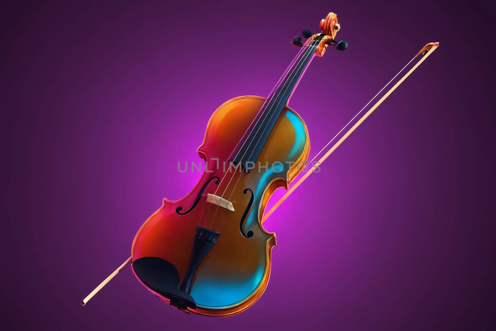 Striking close-up of a violin under a wash of neon purple light, creating a visually electric effect.