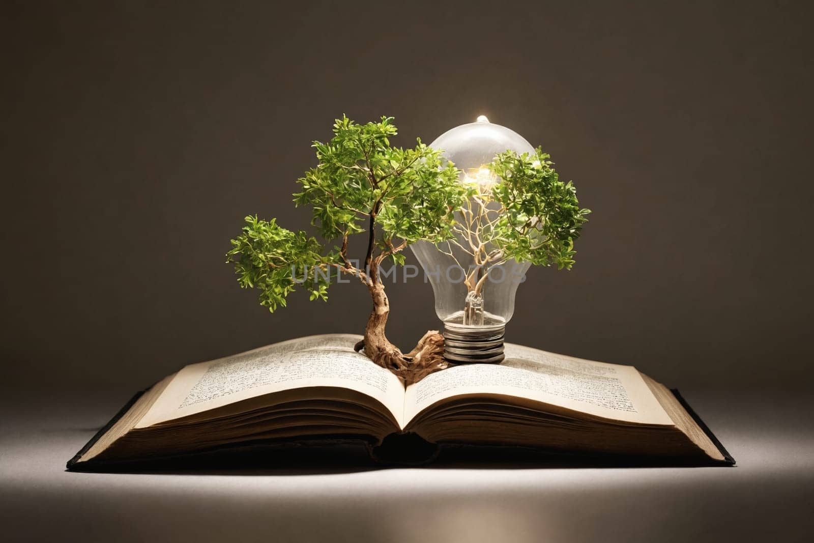 Knowledge and creativity unite as a sapling emerges from literature with a glowing bulb.