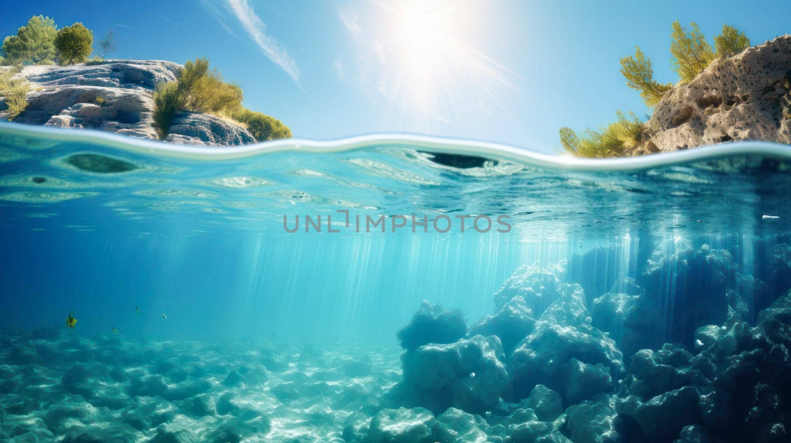 Beautiful blue underwater landscape, sky and mountains. Beautiful landscape, picture, phone screensaver, copy space, advertising, travel agency, tourism, solitude with nature, without people.
