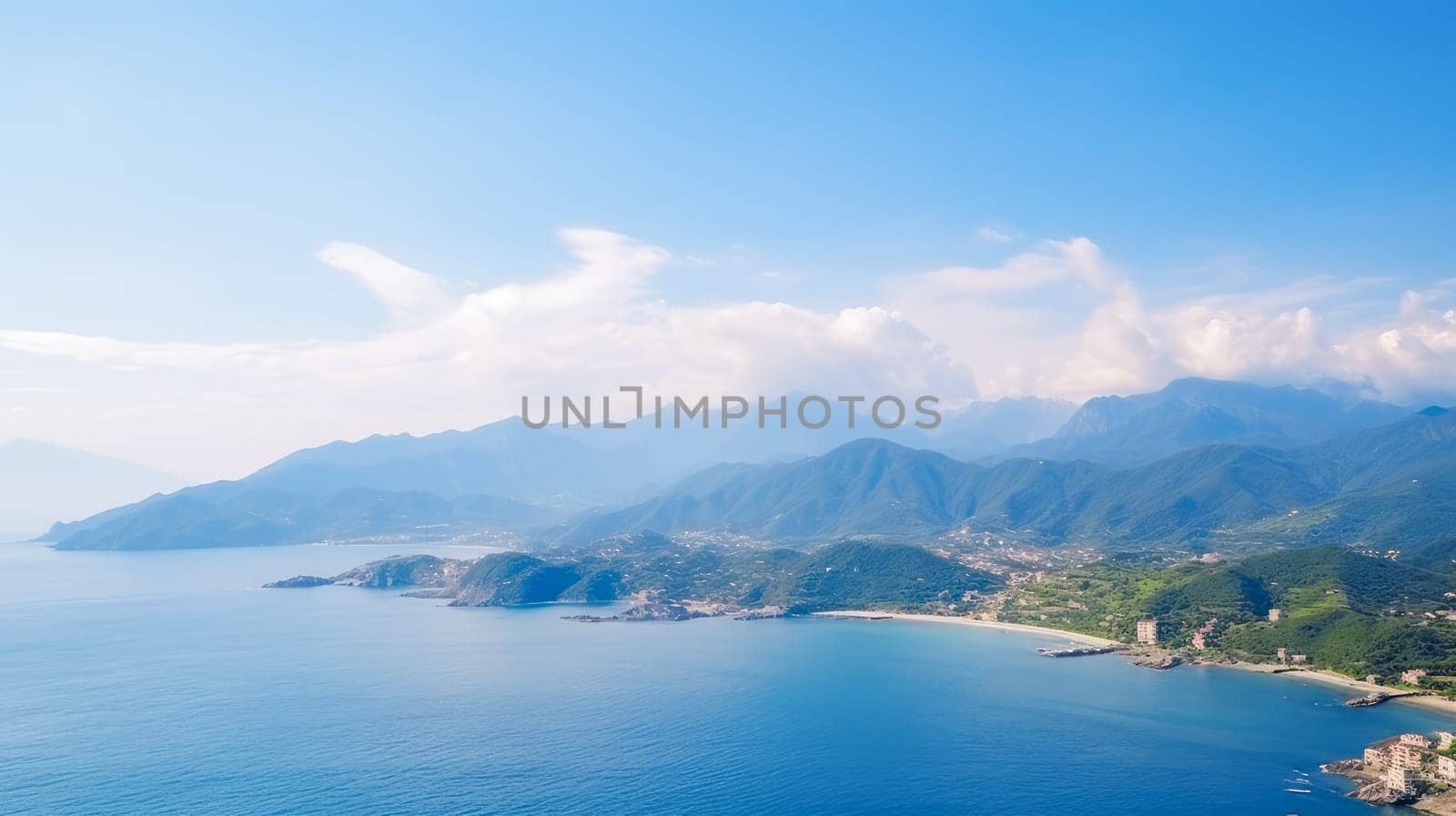 Beautiful blue water landscape, sky and mountains. Beautiful landscape, picture, phone screensaver, copy space, advertising, travel agency, tourism, solitude with nature, without people.