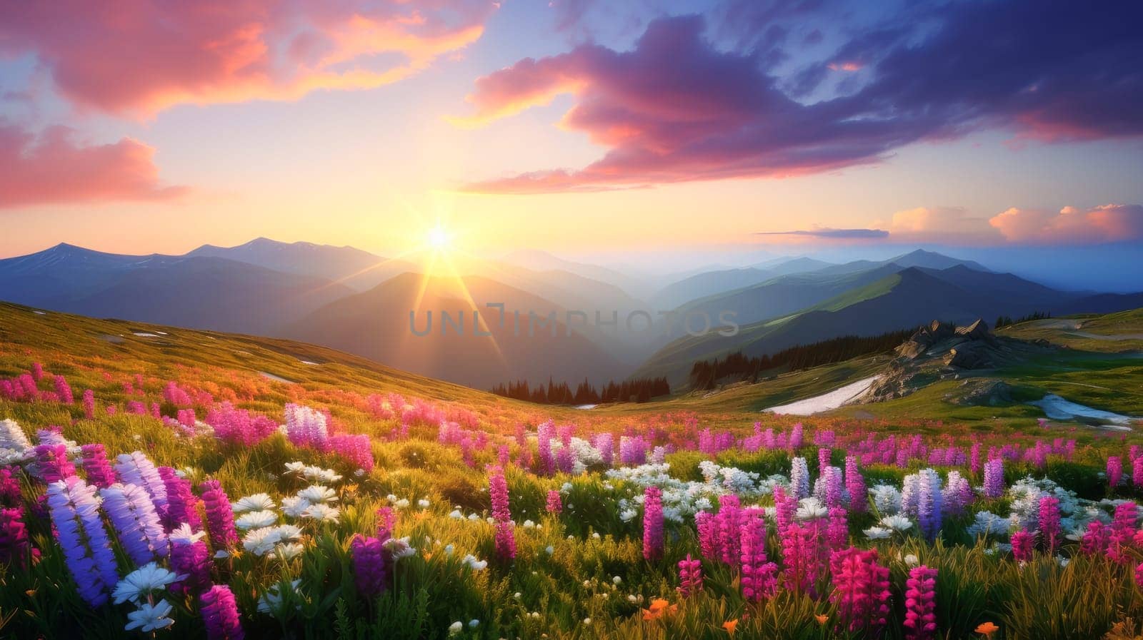 Beautiful alpine meadows with wildflowers in pink light. Beautiful landscape, picture, phone screensaver, copy space, advertising, travel agency, tourism, solitude with nature, without people.