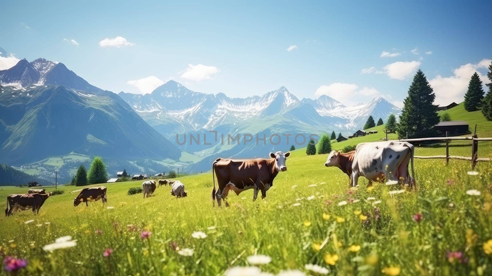 Cows graze in alpine meadows with wildflowers near the mountains. by Alla_Yurtayeva