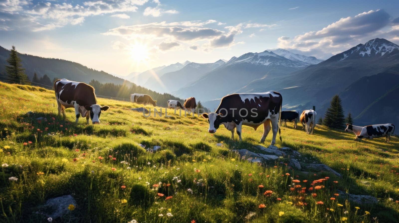 Cows graze in alpine meadows with wildflowers near the mountains. Beautiful landscape, picture, phone screensaver, copy space, advertising, travel agency, tourism, solitude with nature, without people.