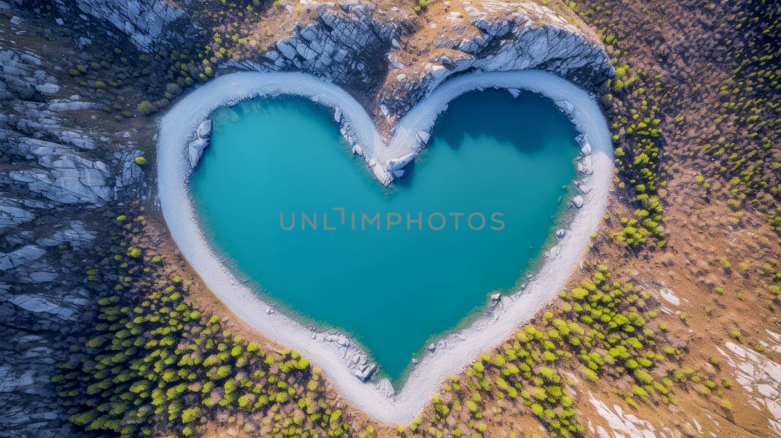 Beautiful clear lake in the shape of a heart in the mountains and rocks. Tourist place to relax. Beautiful landscape, picture, phone screensaver, copy space, advertising, travel agency, tourism, solitude with nature, without people