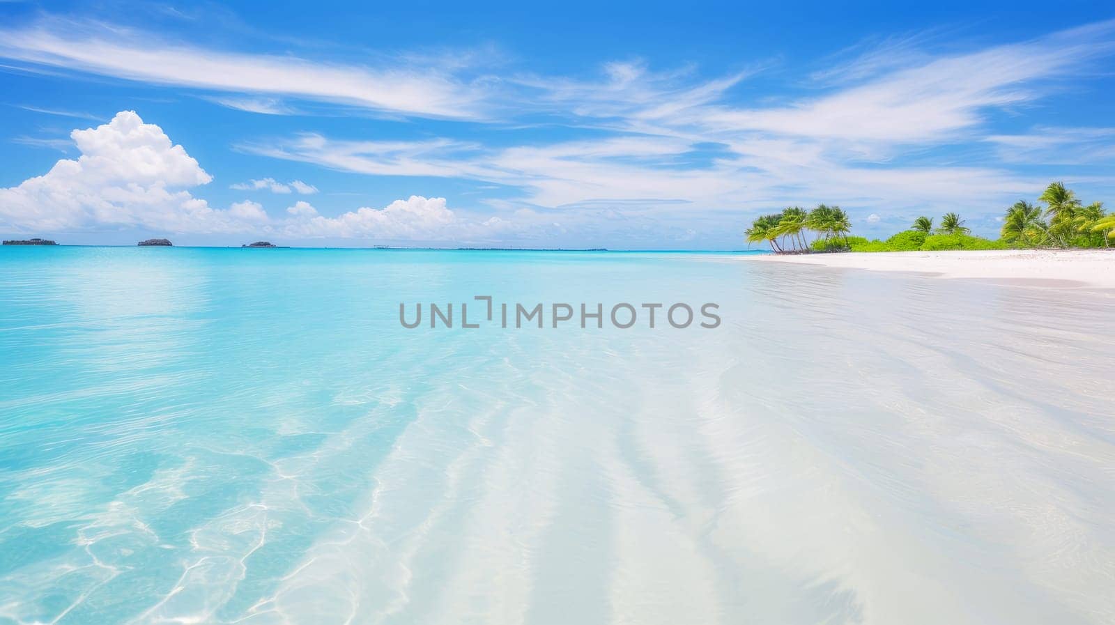 Beach with white sand and azure blue water on the island. Beautiful landscape, picture, phone screensaver, copy space, advertising, travel agency, tourism, solitude with nature, without people